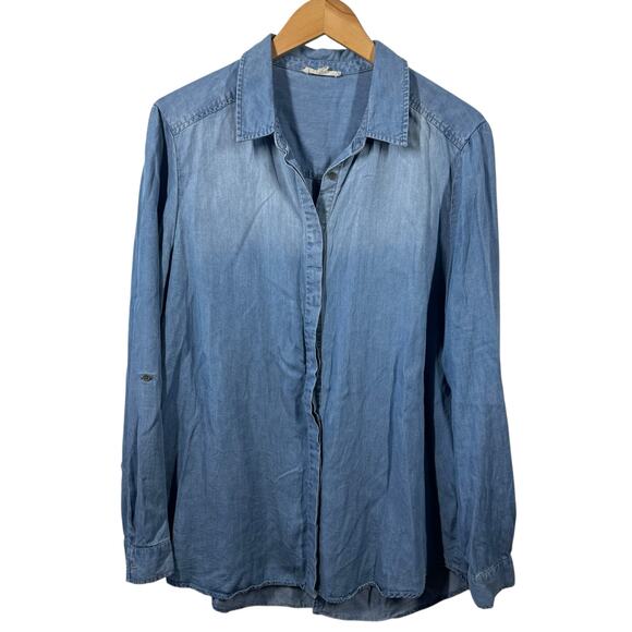 JANE & DELANCEY Top Women's L Blue Soft Lyocell Denim Button Down Minimal Modest - Picture 1 of 7